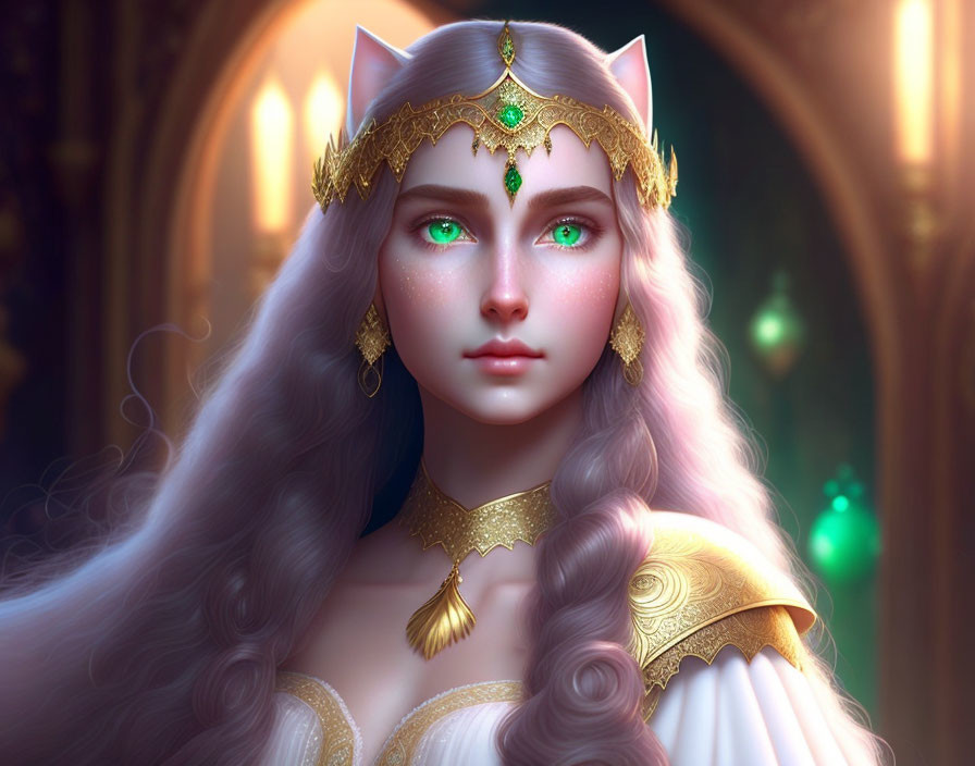 Fantasy character with cat-like ears, green eyes, golden crown, and jewelry by arched doorway