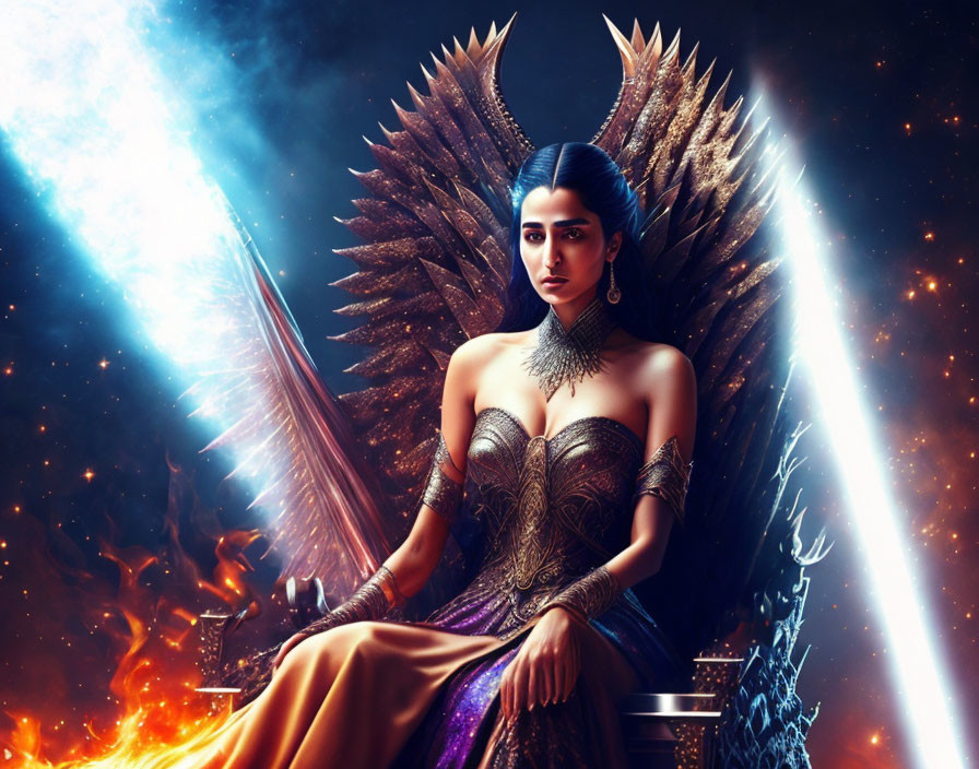 Dark-haired woman in gold armor on throne in fiery setting