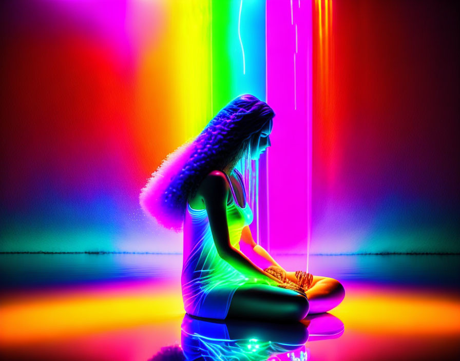 Woman meditating surrounded by vibrant neon lights