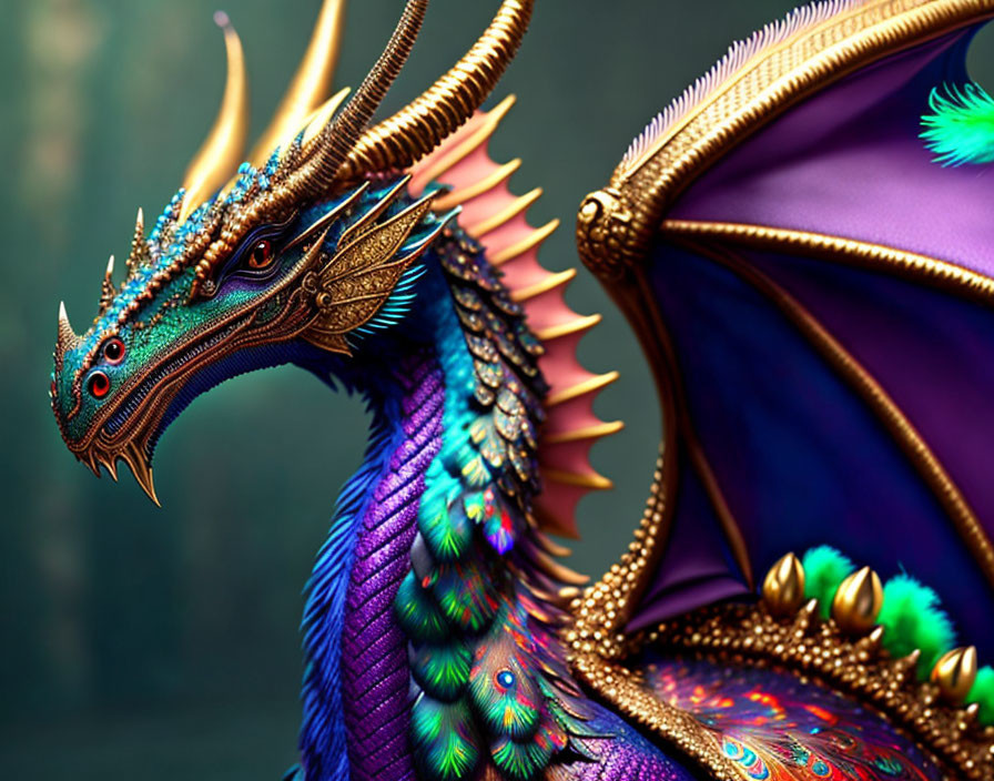 Mythical dragon with iridescent blue and purple scales