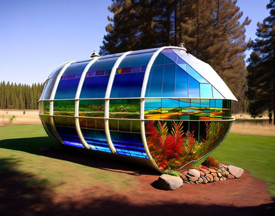 Glass Elliptical Greenhouse with Blue Panels in Meadow