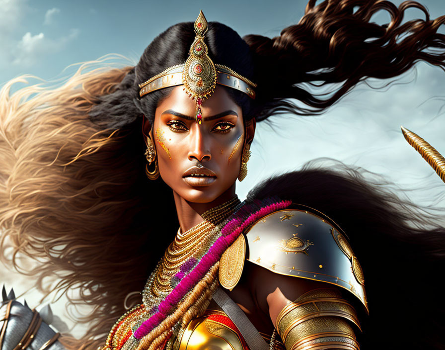 Warrior woman in golden armor with windswept hair against cloudy sky