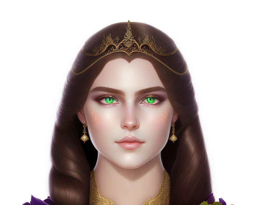 Regal woman digital portrait with green eyes and golden crown