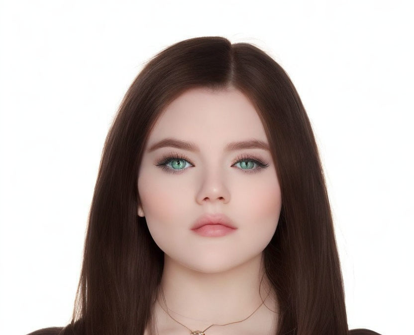 Young woman with long brown hair and green eyes in light makeup and necklace on white background