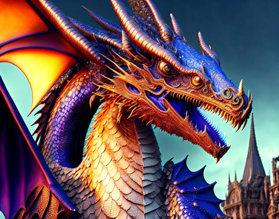 Colorful dragon with blue scales and orange wings against Gothic castle at twilight