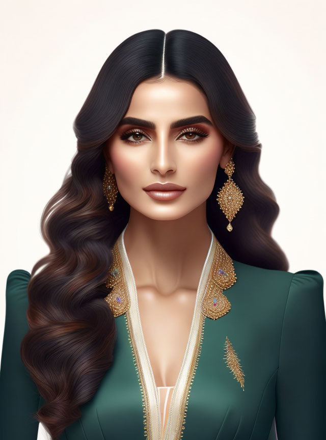 Woman with long wavy hair, gold jewelry, green outfit