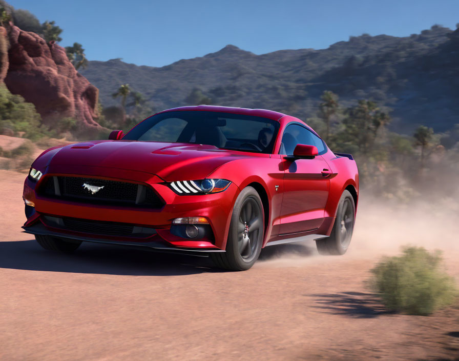 Red Ford Mustang Speeding on Desert Road