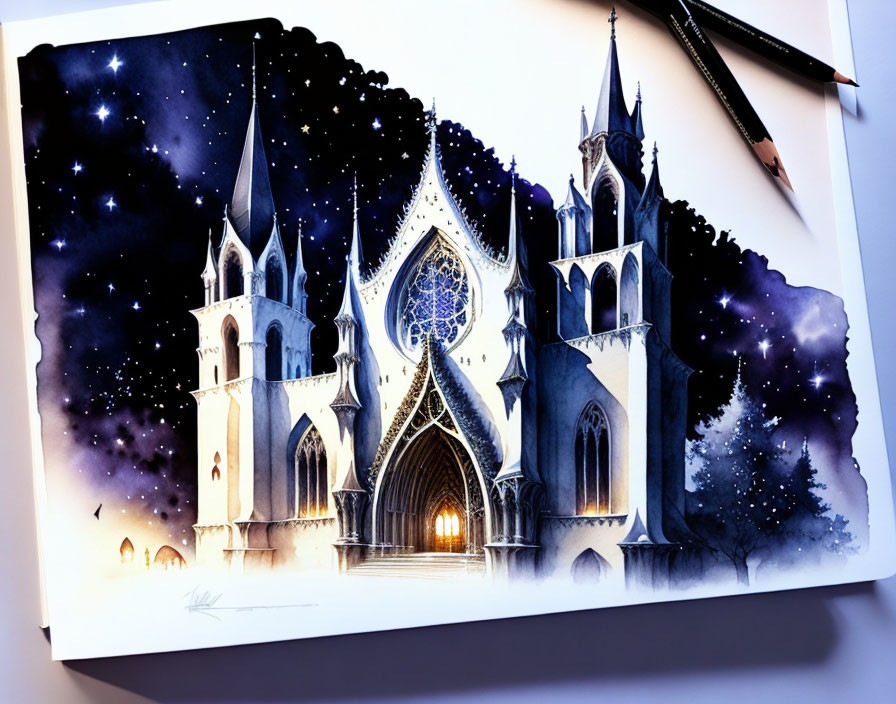 Gothic Cathedral Night Scene with Drawing Tools on White Surface