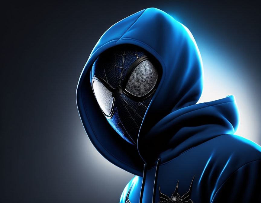 Detailed Blue and Black Spider-Man Costume Close-Up Shot