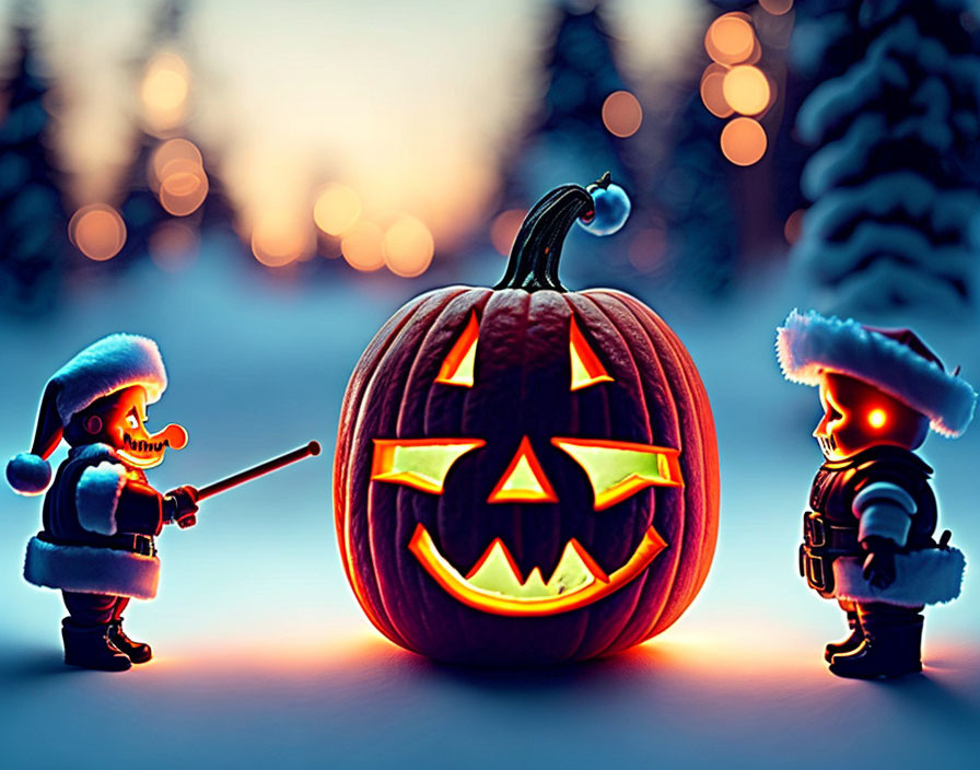 Miniature toy soldiers and carved pumpkin in winter twilight scene