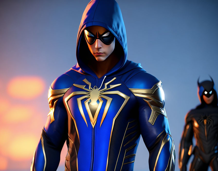 Male superhero in blue and gold costume with spider emblem in 3D illustration