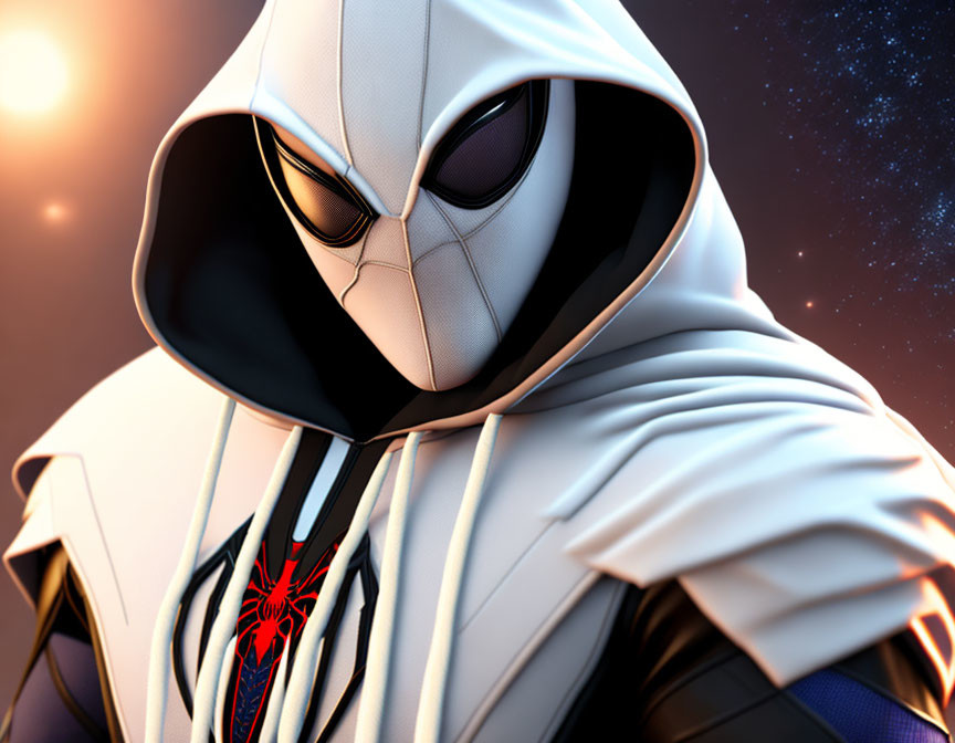 Stylized white-suited superhero with spider emblem in cosmic backdrop