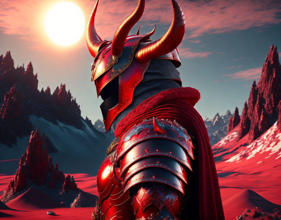 Knight in horned helmet and red armor in crimson alien landscape