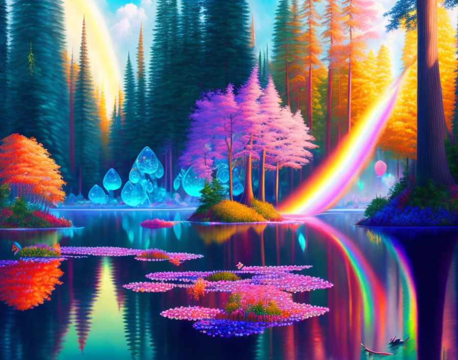 Colorful fantasy landscape with rainbow, lake, trees, crystals, and boat