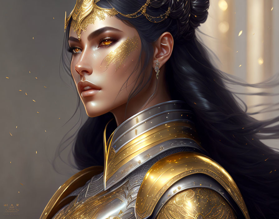 Digital artwork: Woman in golden armor with flowing hair