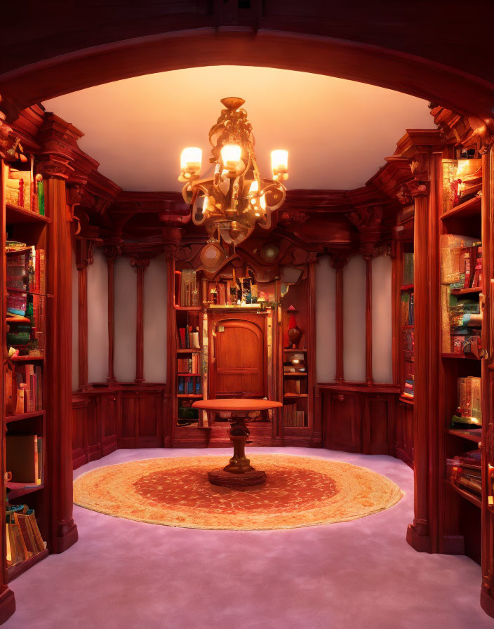 Circular Library with Wooden Bookshelves, Table, Carpet, and Chandelier