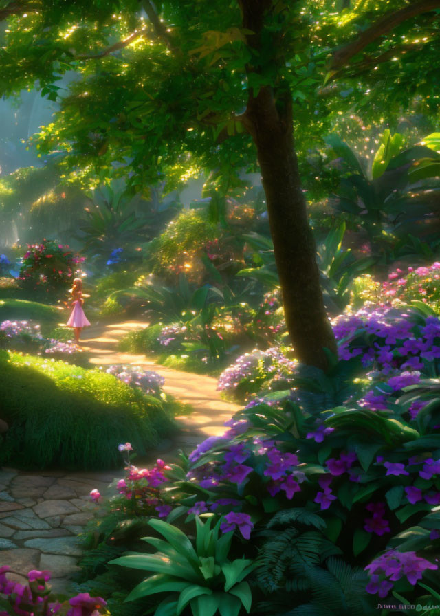 Sunlit Garden Path with Vibrant Flowers and Figure in Pink Dress