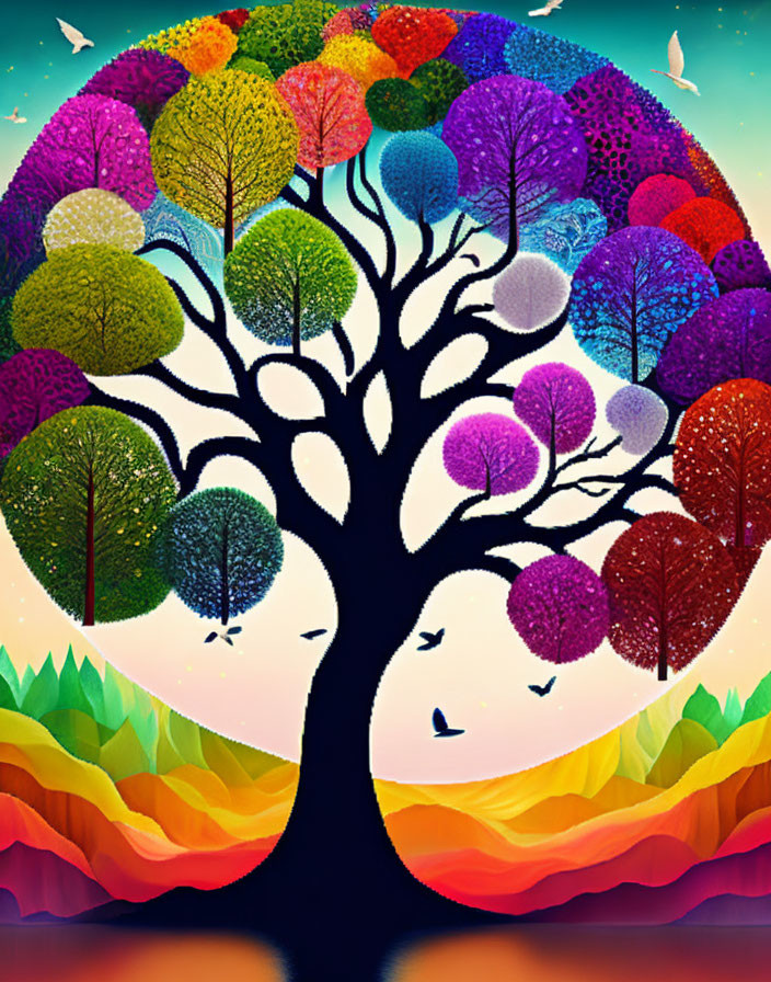 Colorful Tree with Birds in Flight in Vibrant Landscape