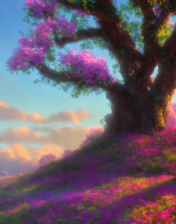 Majestic tree with purple blossoms in dreamy sunset scene