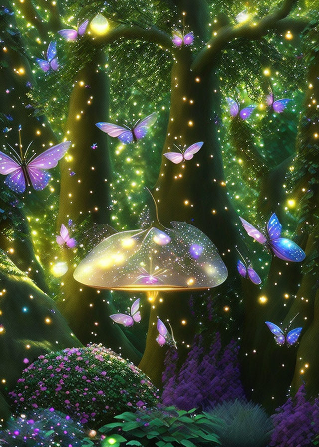 Glowing mushrooms, fireflies, butterflies in enchanted forest at twilight