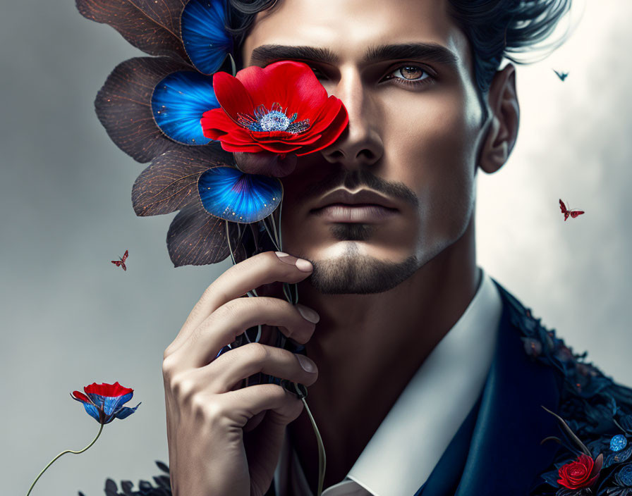 Stylized portrait of man with blue eyes and red flower surrounded by butterflies and blue petals