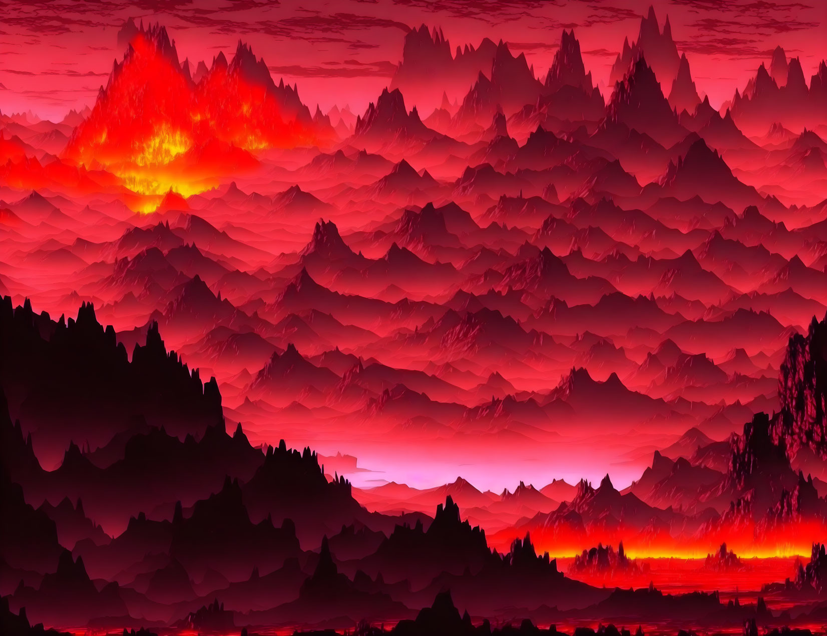 Dramatic landscape with layered mountains under fiery red sky