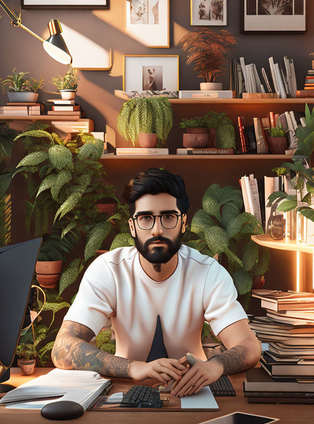 Bearded man with glasses and tattoos in cozy home office setting