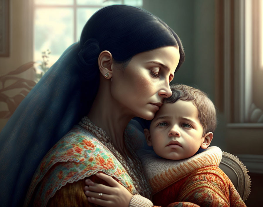 Dark-haired woman holding a child by a window in digital art portrait