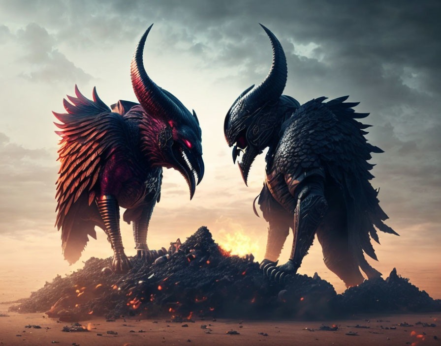 Stylized dragons face off at sunset under dramatic sky