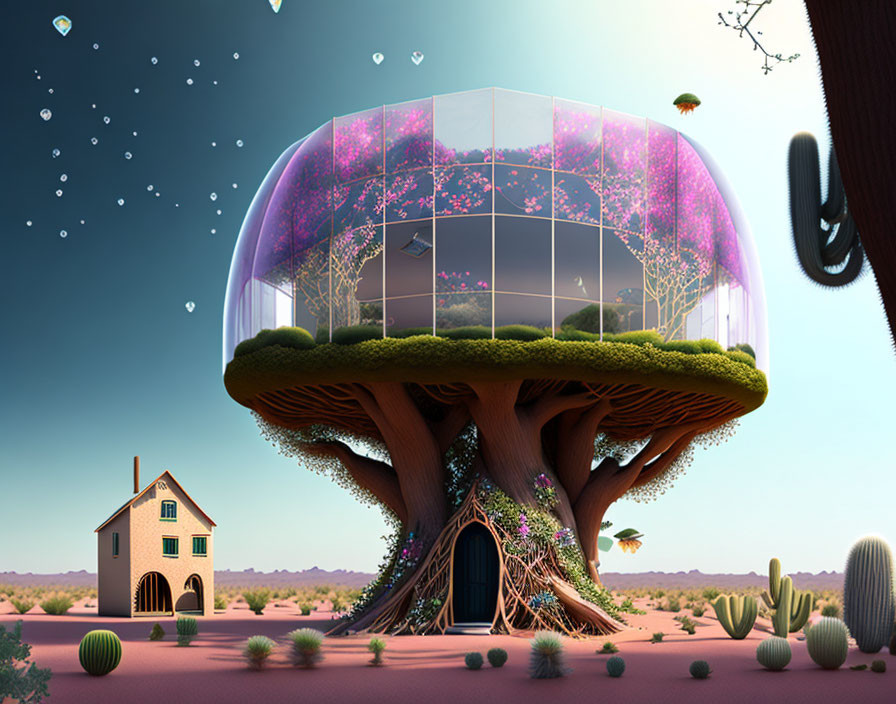 Illustration of giant tree, dome structure, house in desert with cacti & floating islands