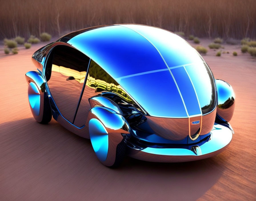 Futuristic blue car with reflective surface in desert sunset