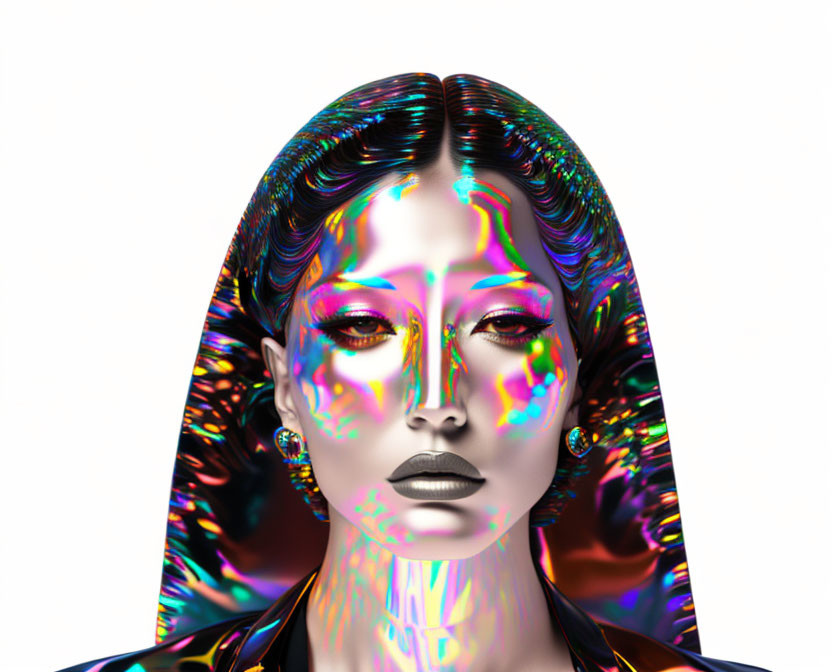 Vibrant digital artwork: woman with metallic sheen & multicolored light reflections