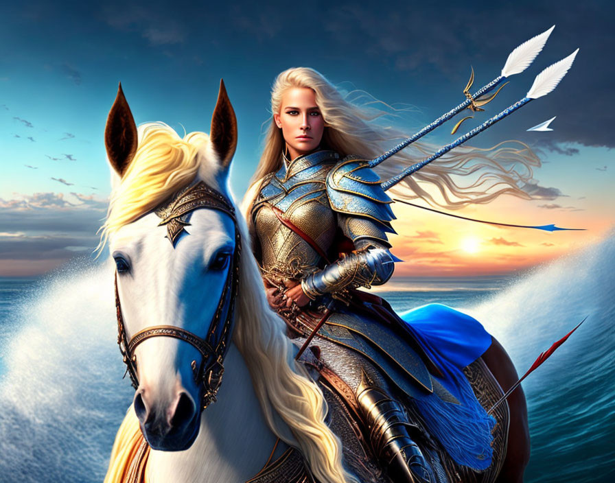 Blonde female warrior on white horse with spear by ocean at sunset