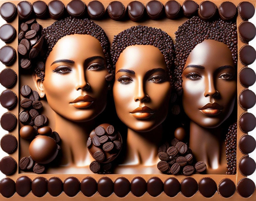 Stylized female figures with chocolate-themed decoration and sweets.