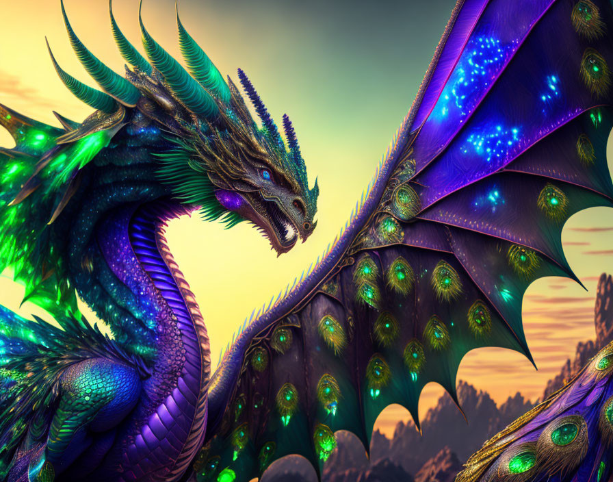 Colorful dragon with peacock-like wings and horns in twilight sky