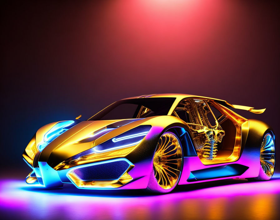 Sleek futuristic car with blue and purple lights, gull-wing doors, and golden wheels