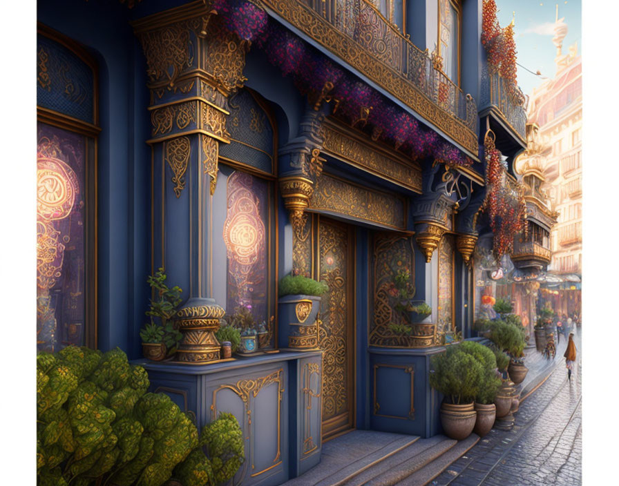 Detailed digital art: Ornate blue building with golden patterns, green plants, and flowers on sunlit