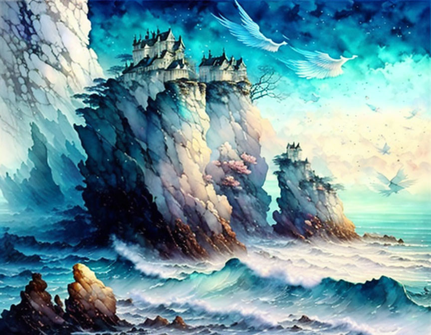 Fantasy landscape: castles on cliff islands, turbulent sea, starry sky, birds, soft