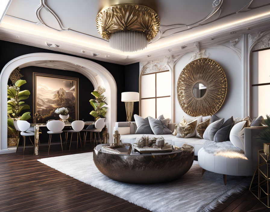 Opulent Interior with Gold Accents, Plush Seating, and Landscape Painting