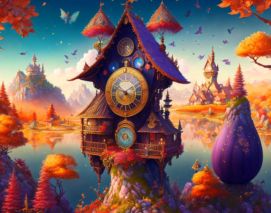 Fantasy scene: Ornate clock tower in autumn setting