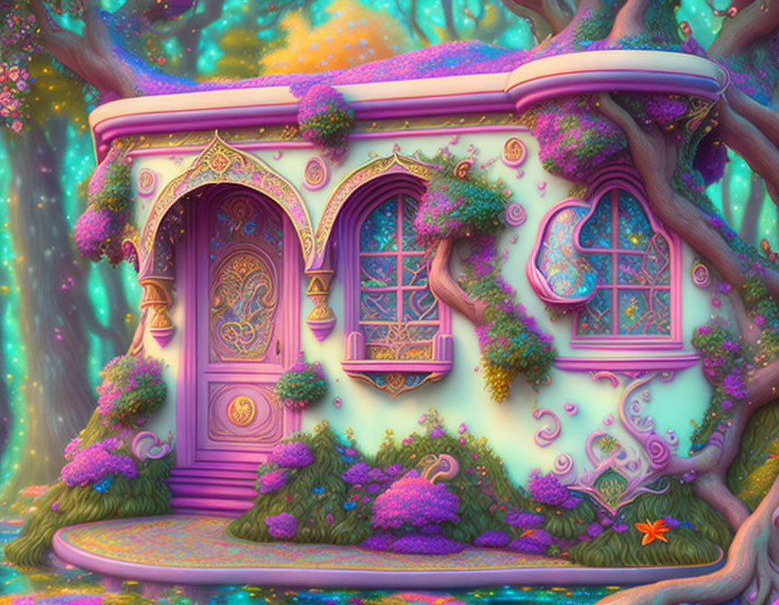 Purple Fantasy House with Ornate Windows in Enchanted Forest