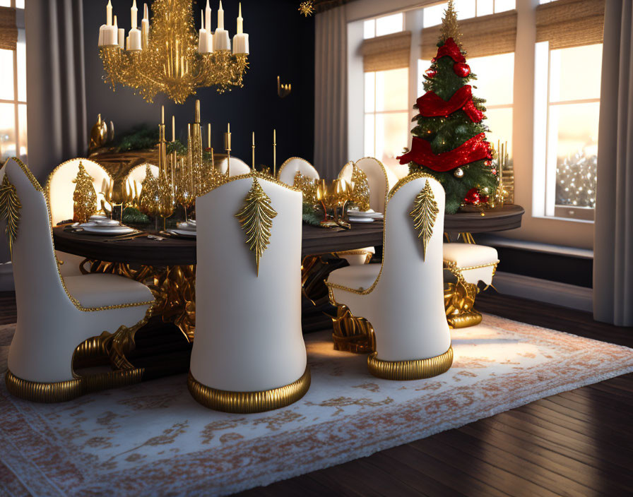 Festive Christmas dining room with gold-themed decor and candle chandeliers