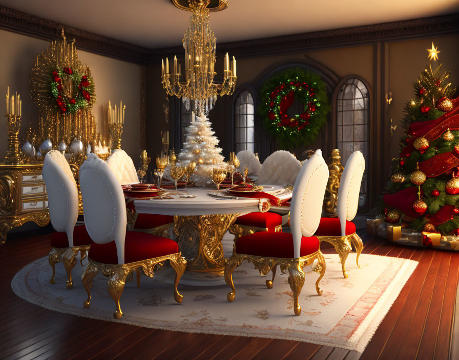 Festively decorated Christmas dining room with ornate chairs and trees