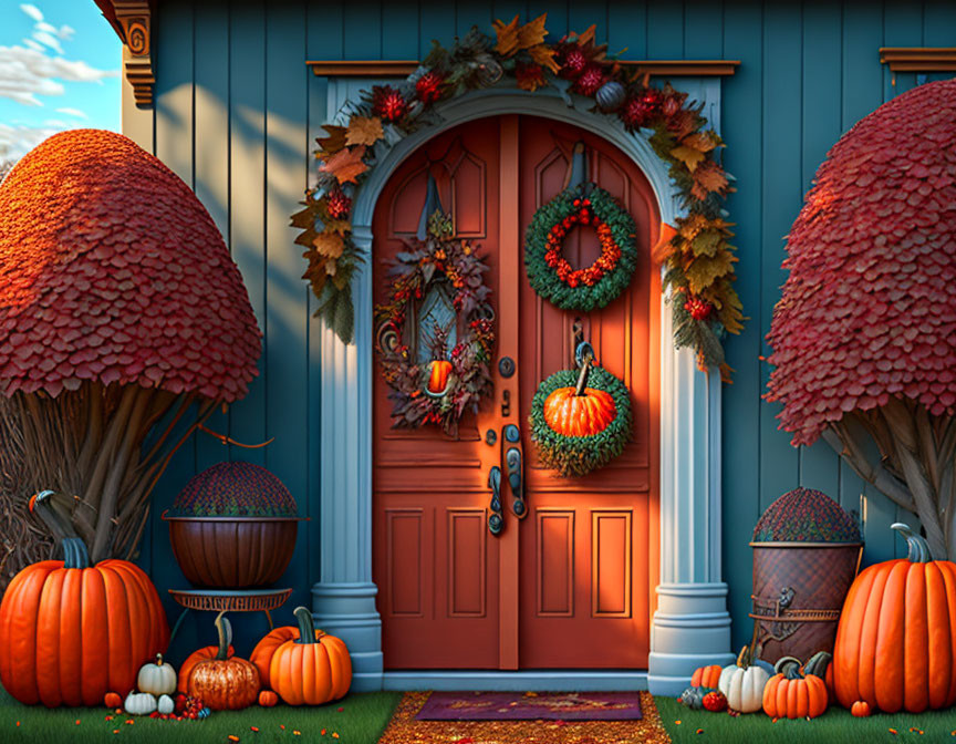 Autumn-themed Entryway Decor with Wreath, Garlands, Pumpkins, and Red Door