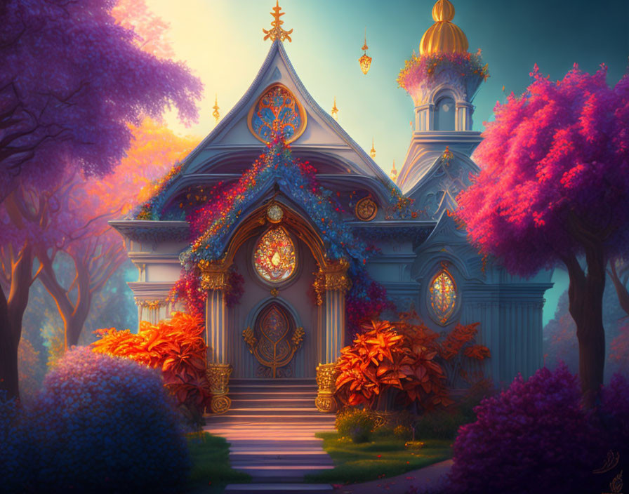 Fantasy building surrounded by colorful trees and golden pathway