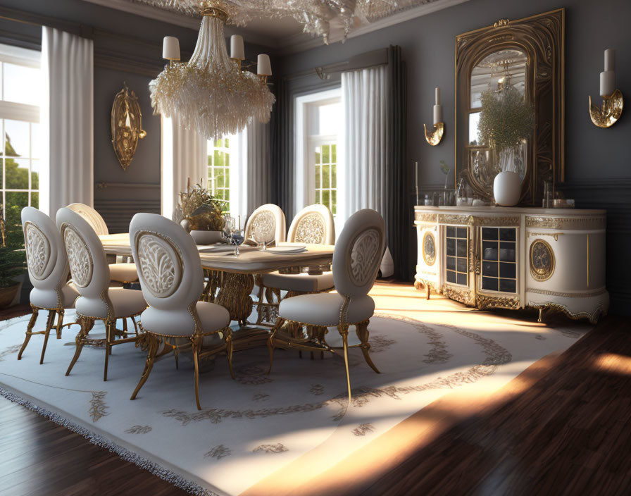 Luxurious Dining Room with Crystal Chandelier & Gilded Accents