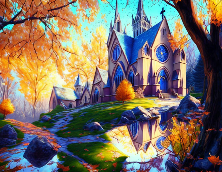 Gothic-style church in autumn setting with reflection in pond