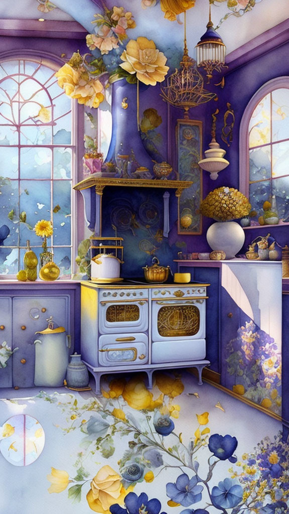 Whimsical Kitchen with Violet and Gold Accents and Vintage Stove