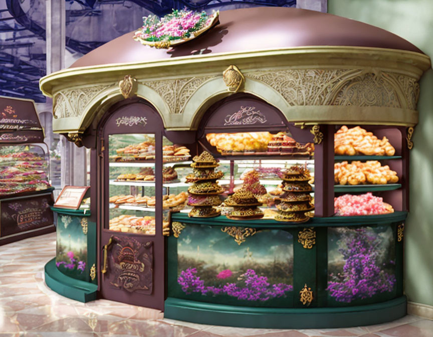 Luxurious Vintage Bakery Kiosk with Colorful Pastries & Desserts