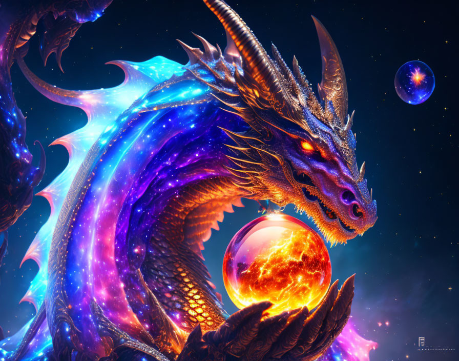 Majestic dragon with glowing scales and fiery wings holding orb in cosmic starscape